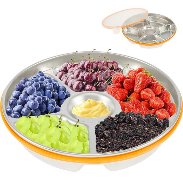 Divided Serving Tray Sealing Lid 6 Compartment, Stainless Steel