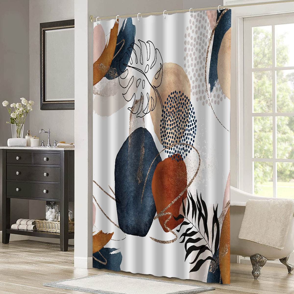 Dznils Abstract Shower Curtain, Boho Mid Century Modern Neutral Geometric Bathroom Curtain Decor with 12 Hooks, 72" x 72" - Image 12