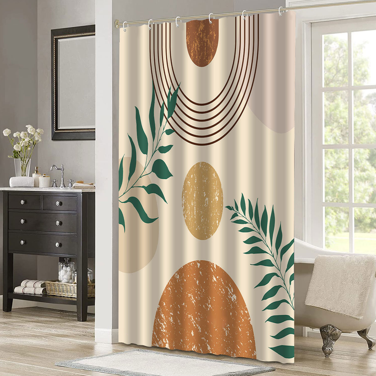 Dznils Abstract Shower Curtain, Boho Mid Century Modern Neutral Geometric Bathroom Curtain Decor with 12 Hooks, 72" x 72" - Image 9