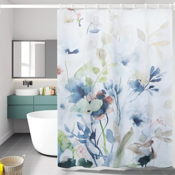 Dznils Blue Floral Fabric Shower Curtain, Watercolor Botanical Patterned with 12 Hooks, 72" x 72" - Image 10