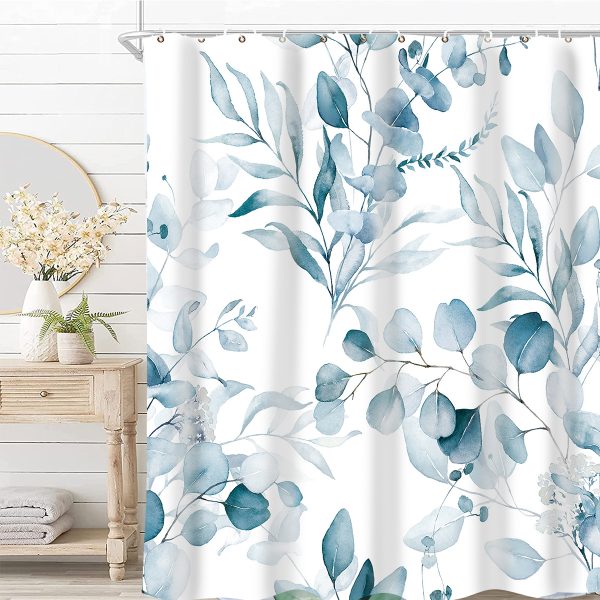 Dznils Blue Floral Fabric Shower Curtain, Watercolor Botanical Patterned with 12 Hooks, 72" x 72" - Image 9