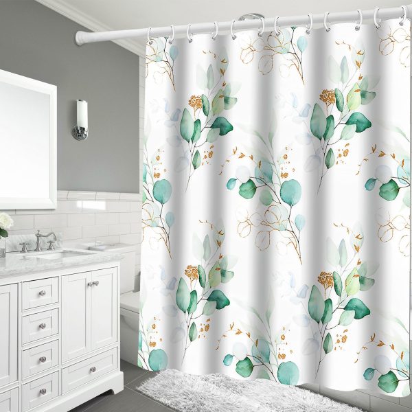 Dznils Blue Floral Fabric Shower Curtain, Watercolor Botanical Patterned with 12 Hooks, 72" x 72" - Image 2
