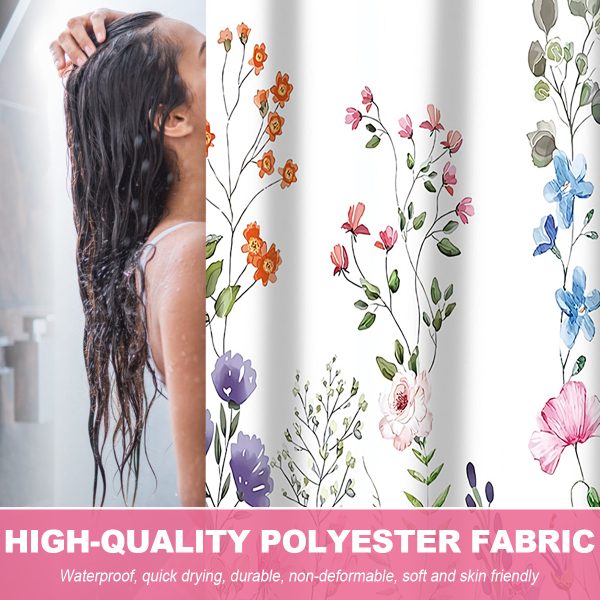 Dznils White Floral Fabric Shower Curtain, Watercolor Bathroom Curtain with Hooks, 72" x 72" - Image 3