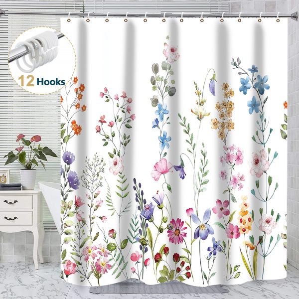 Dznils White Floral Fabric Shower Curtain, Watercolor Bathroom Curtain with Hooks, 72" x 72"