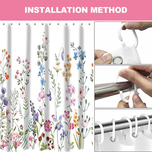 Dznils White Floral Fabric Shower Curtain, Watercolor Bathroom Curtain with Hooks, 72" x 72" - Image 6