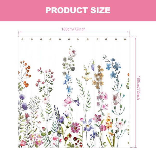Dznils White Floral Fabric Shower Curtain, Watercolor Bathroom Curtain with Hooks, 72" x 72" - Image 2