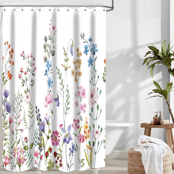 Dznils White Floral Fabric Shower Curtain, Watercolor Bathroom Curtain with Hooks, 72" x 72" - Image 4