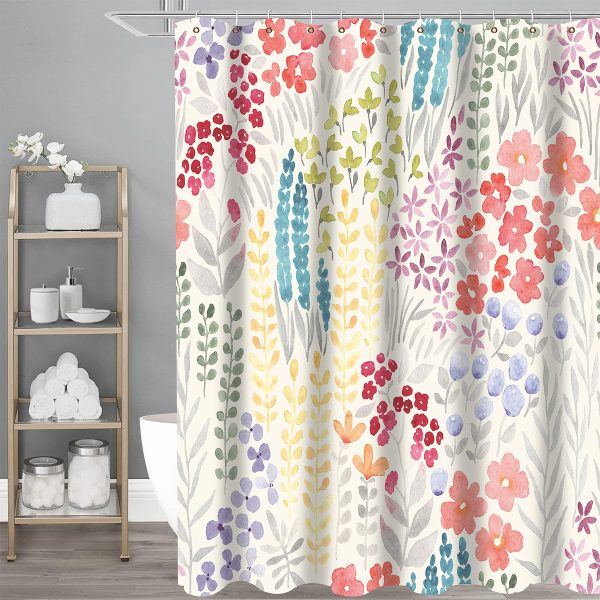 Dznils Boho Colorful Floral Fabric Shower Curtain, Watercolor Pattern with Hooks, 72" x 72" - Image 9