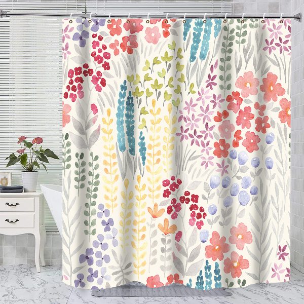 Dznils Boho Colorful Floral Fabric Shower Curtain, Watercolor Pattern with Hooks, 72" x 72" - Image 8