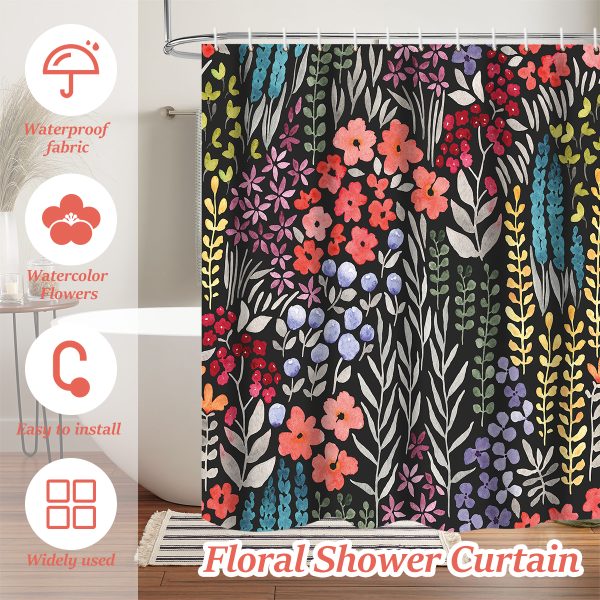 Dznils Boho Colorful Floral Fabric Shower Curtain, Watercolor Pattern with Hooks, 72" x 72" - Image 7