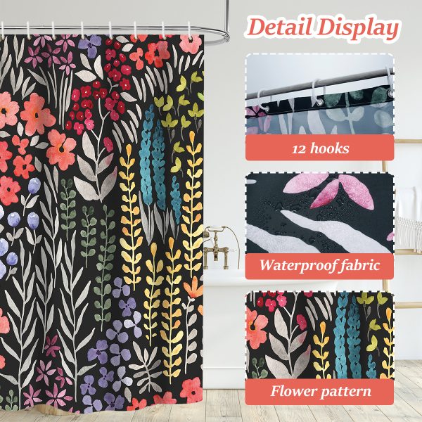 Dznils Boho Colorful Floral Fabric Shower Curtain, Watercolor Pattern with Hooks, 72" x 72" - Image 6