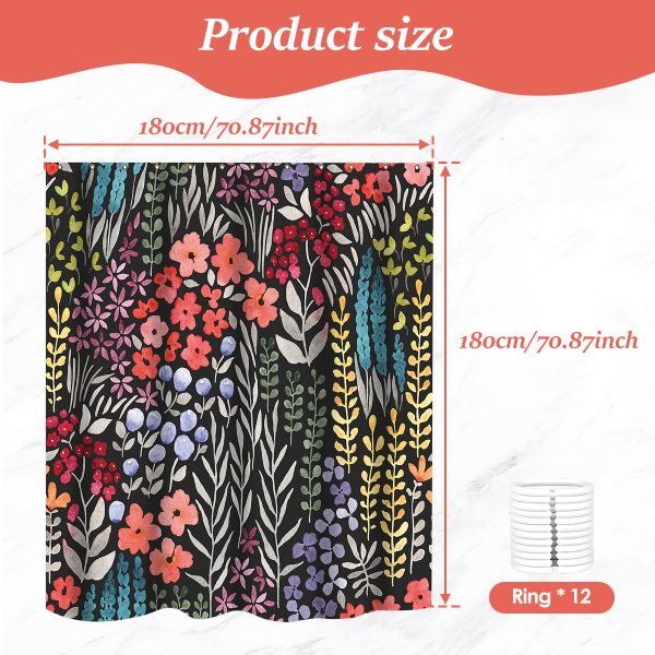Dznils Boho Colorful Floral Fabric Shower Curtain, Watercolor Pattern with Hooks, 72" x 72" - Image 3