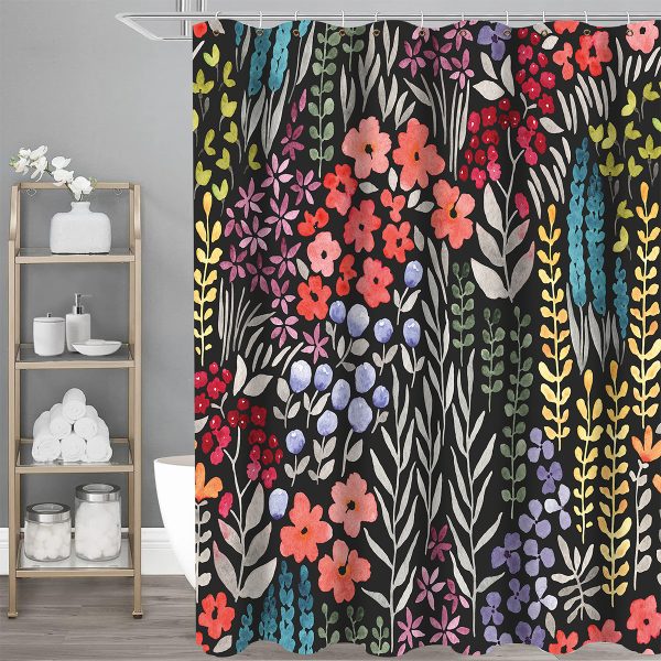Dznils Boho Colorful Floral Fabric Shower Curtain, Watercolor Pattern with Hooks, 72" x 72"