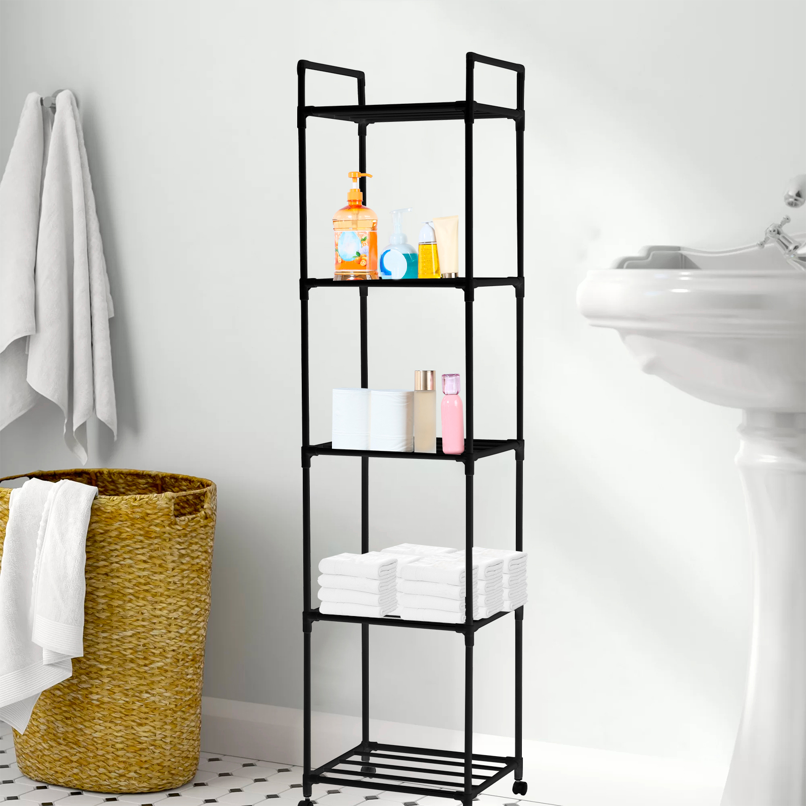 Dznils 4-Tier Metal Bathroom Storage Shelf Unit Space Saver, with Caster Wheels - Image 7