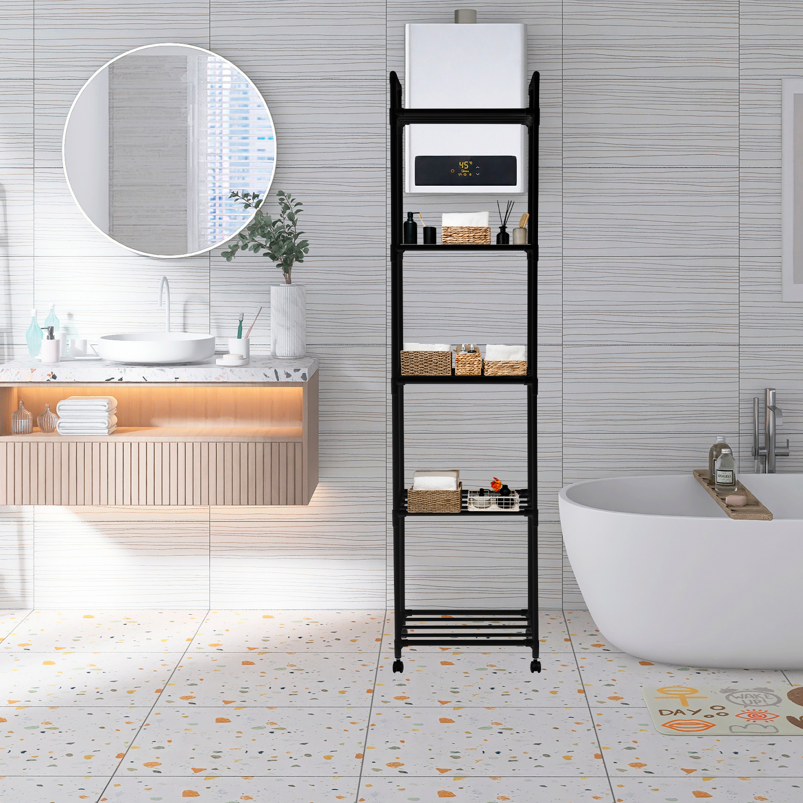 Dznils 4-Tier Metal Bathroom Storage Shelf Unit Space Saver, with Caster Wheels - Image 6