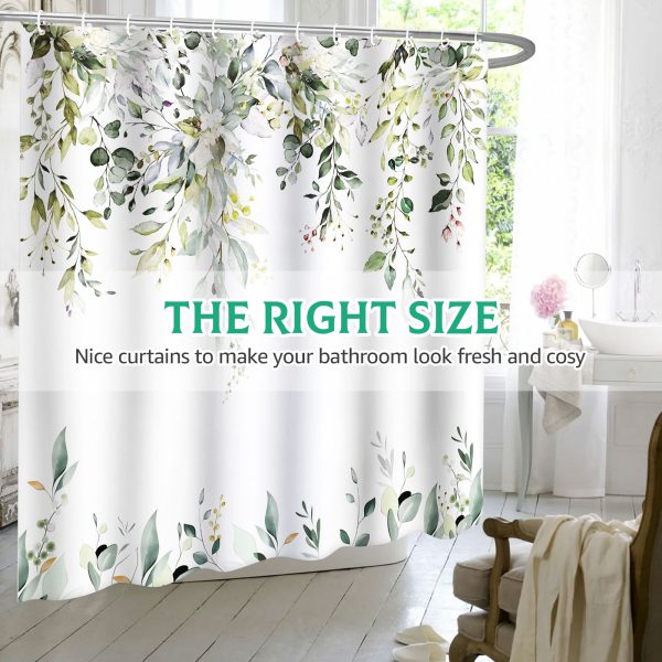 Dznils Green Eucalyptus Fabric Shower Curtain, Watercolor Floral Pattern with Hooks, 72" x 72" - Image 7