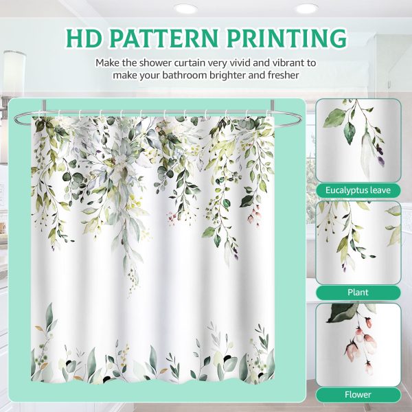 Dznils Green Eucalyptus Fabric Shower Curtain, Watercolor Floral Pattern with Hooks, 72" x 72" - Image 6