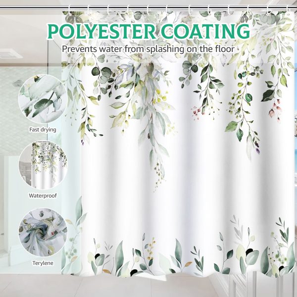 Dznils Green Eucalyptus Fabric Shower Curtain, Watercolor Floral Pattern with Hooks, 72" x 72" - Image 5