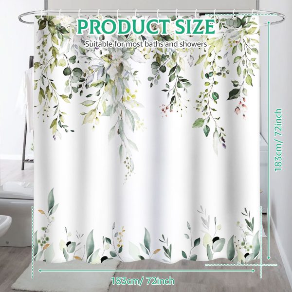 Dznils Green Eucalyptus Fabric Shower Curtain, Watercolor Floral Pattern with Hooks, 72" x 72" - Image 4
