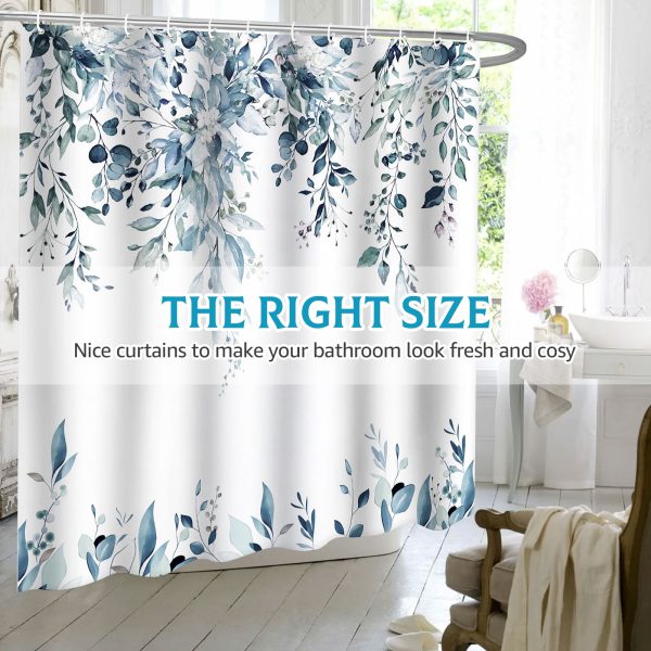 Dznils Green Eucalyptus Fabric Shower Curtain, Watercolor Floral Pattern with Hooks, 72" x 72" - Image 11