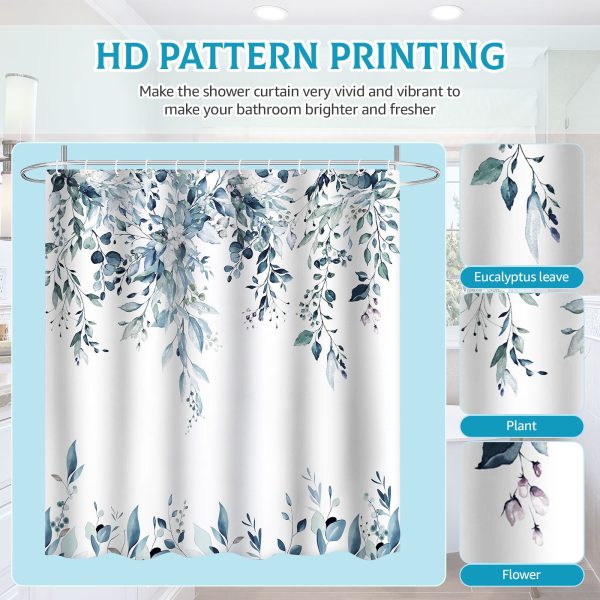 Dznils Green Eucalyptus Fabric Shower Curtain, Watercolor Floral Pattern with Hooks, 72" x 72" - Image 8