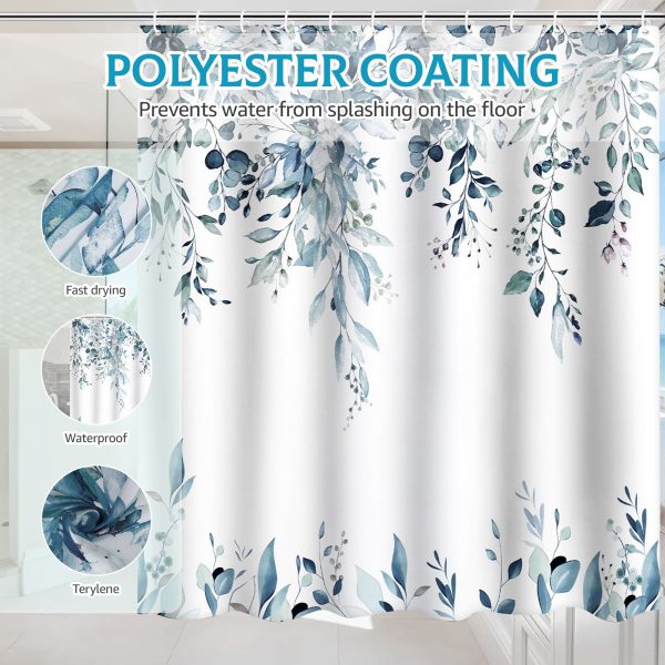 Dznils Green Eucalyptus Fabric Shower Curtain, Watercolor Floral Pattern with Hooks, 72" x 72" - Image 9
