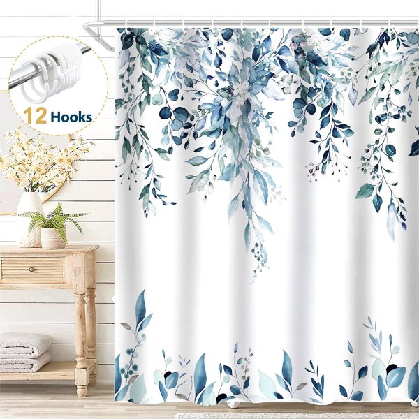 Dznils Green Eucalyptus Fabric Shower Curtain, Watercolor Floral Pattern with Hooks, 72" x 72" - Image 3