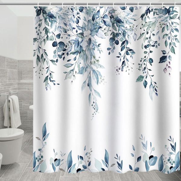 Dznils Green Eucalyptus Fabric Shower Curtain, Watercolor Floral Pattern with Hooks, 72" x 72" - Image 10