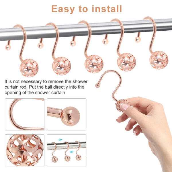 Dznils Rustproof Metal Hollow Ball Shower Curtain Hooks, Rose Gold - Image 7