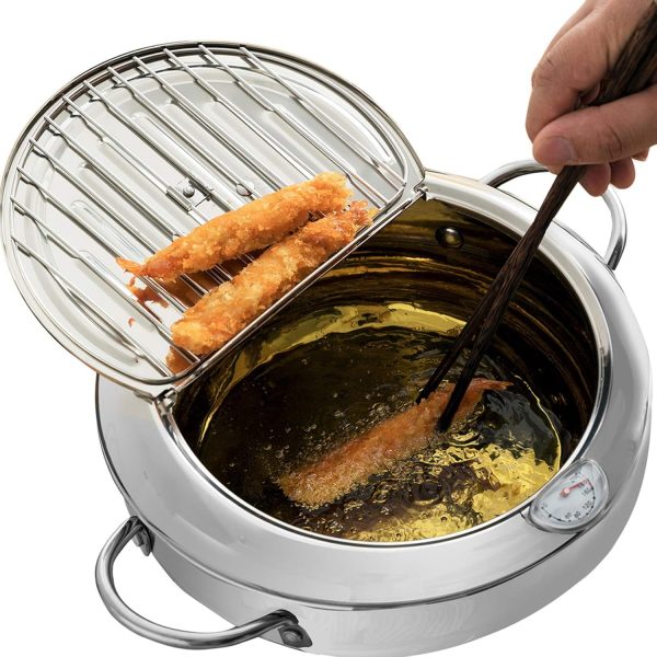 Deep Fryer Pot with Strainer Basket and Thermometer Stainless Steel Deep Frying Pot with Handle 3 Sizes Oil Mini Fryer Dishwasher Safe Deep Frying Oil Container for Fish Shrimp Chicken 21cm