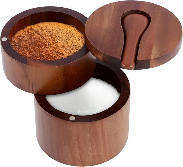 Salt Container 2 Layers Salt and Pepper Bowl with Built in Spoon and Magnetic Swivel Lid Acacia Wood Salt Cellar Dustproof Salt and Pepper Storage Box