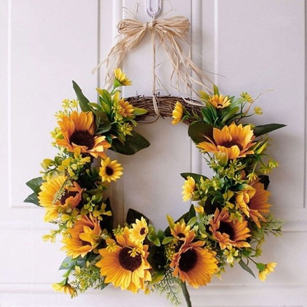 Keyohome Artificial Sunflower Wreath with Yellow Sunflower and Green Leaves Front Door Wreaths for All Seasons