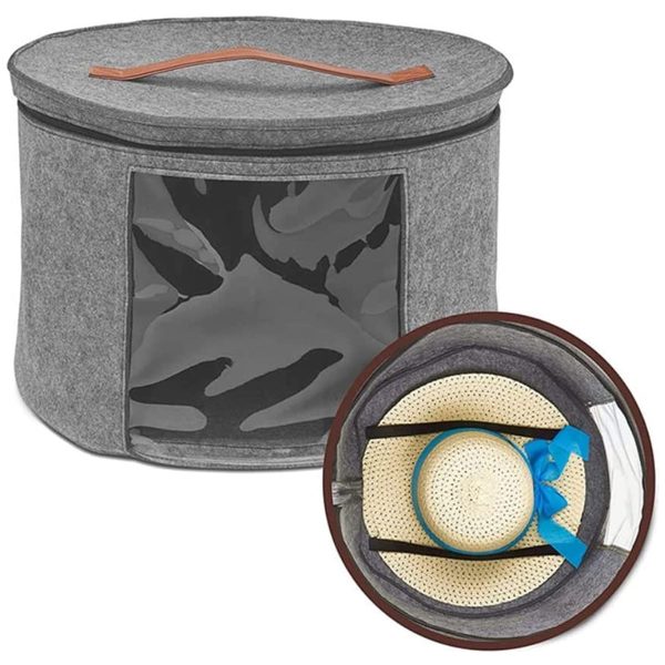 Keyohome Hat Box Large Capacity Gray Felt Hat Storage Container Round Foldable Double Opening Zipper Dust-Proof Hat Storage Bag
