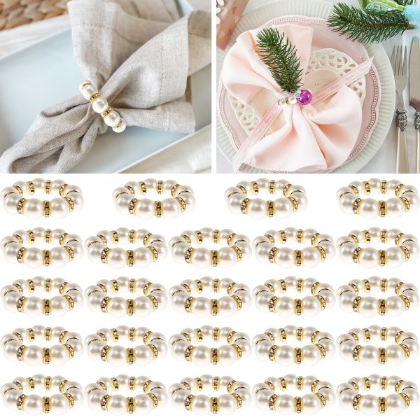 24Pcs Pearl Napkin Rings Elegant Pearl Beaded Napkin Holder 4cm Stretched Rhinestone Serviette Rings