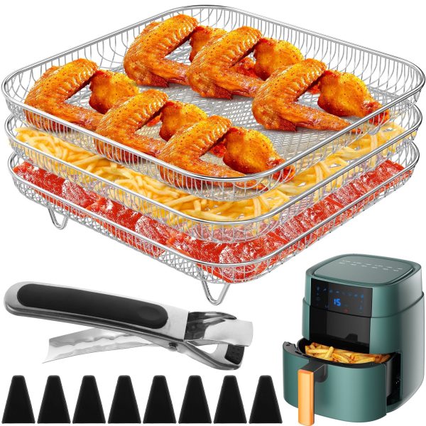 3 Layer Air Fryer Rack Square Air Fryer Grill Rack Stainless Steel Grill Dehydrator Rack Stackable Air Fryer Basket with 8 Silicone Feet 1 Anti-Scald Clip for Baking Cooking