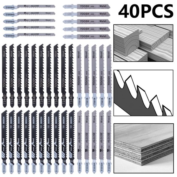 40pcs Assorted Jigsaw Blade Set, T-Shank Jigsaw Blade Set Cuts Jigsaw Blades for Wood, Plastic and Metal Cutting