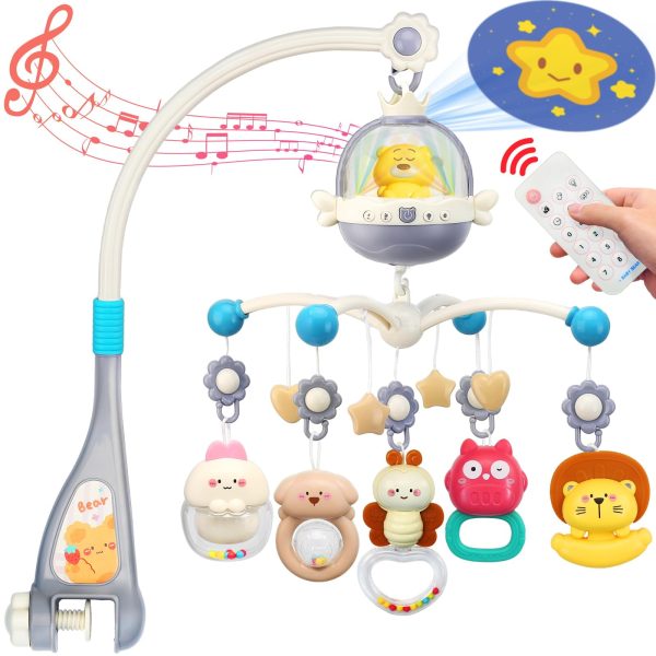 Keyohome Baby Crib Mobile Toys,Mobile for Crib,Hanging Mobile Arm with Music and Night Light for Baby Nursery Room,Unisex,Gray,20.87" x 22.45"