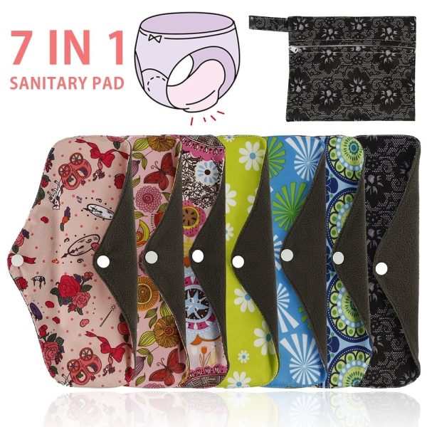 Keyohome 7in1 Reusable Menstrual Pads Large Sanitary Pads Set with Wings Waterproof Washable Sanitary Menstrual Cloth Pads Panty Liners for Women