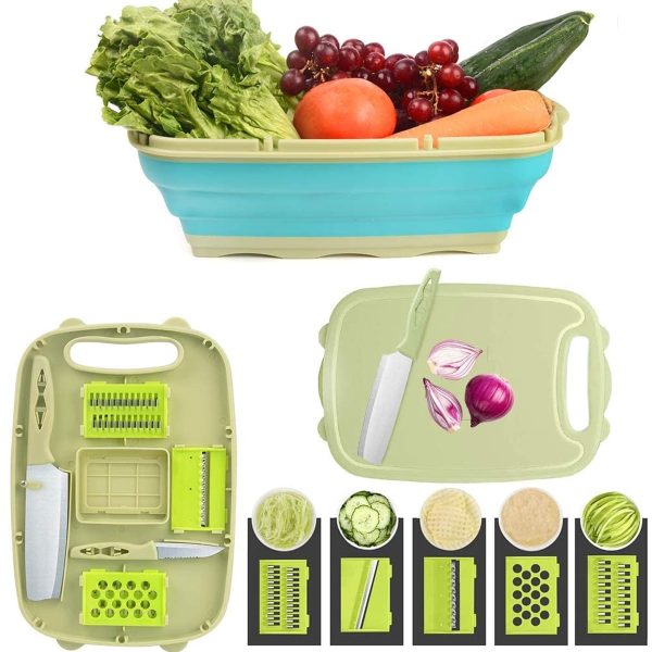 Pluokvzr Collapsible Cutting Board Set 9 in 1 Multifunctional Cutting Board with Colander Portable and Foldable Chopping Board for Outdoor Camping Picnic and Kitchen