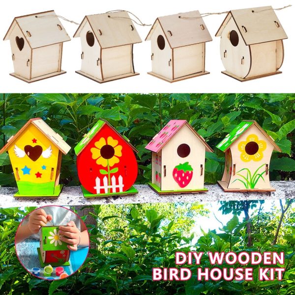 NYIDPSZ 4 Sets Paint Your Own Wooden Bird House Kit Small Garden Nesting Childrens Craft DIY Birdhouse Making Kit, Includes Paints, Brushes, Glue