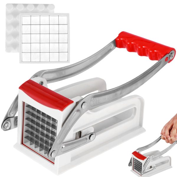 French Fry Cutter with Stainless Steel Blade Potato Chipper Fast Cutting Potato Chip Cutter with 25/49 Holes Blades Manual Food Slicer Dicer Vegetable Fruit Onion vertical push down(Red)