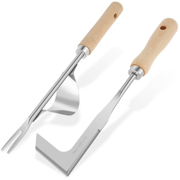 2PCS Stainless Steel Weed Puller Tool, Lightweight Garden Weed Grabber Crack Weeder Tool, Weed Remover Tool Set with Wooden Handle, Manual Lawn Crevice Gardening Tool