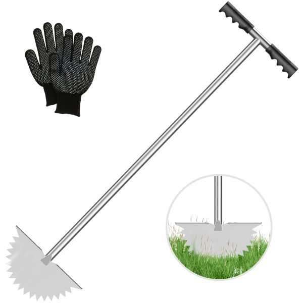 37inch Long Handle Garden Lawn Edger Tool, Lawn Edger Manual Half Moon Edging Shovel, Stainless Steel Lawn Edge Cutter with Serrated Blades Gloves for Garden Beds Sidewalk Flower Bed Groove