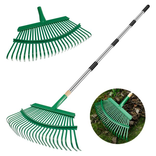 18.8 Inch Wide Shrub Rake Tool, Garden Leaf Rake, Metal Thatching Rake, Adjustable Yard Thatch Rake, Large Leaves Rake with 25 Metal Tines for Garden Yard Leaves Shrub