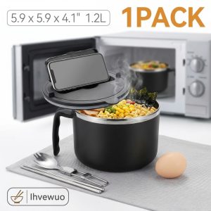 Ihvewuo 120° Rapid Microwave Ramen Pasta Cooker Noodles Maker Bowl with Lid Spoon Chopsticks Large Ramen Pot Cooking Bowls Microwavable 42oz Black