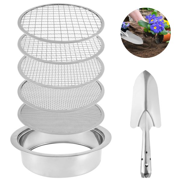 Soil Sieve Set with 9.45inch Diameter 5 Grid Sizes 1/3/6/9/12mm Interchangeable Meshes, Stainless Steel Riddle Sieve Set with Shovel, Soil Sieve Sifter Set for Gardening Dirt Sand Soil Rocks