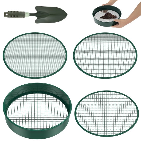 Soil Sifter 11.8inch Metal Garden Sieve with 4 Interchangeable Filter Mesh, Sizes 3/6/9/12mm Multifunctional Dirt Sifter, Reusable Soil Sieve Gardening Tools with Shovel for Sand Rocks
