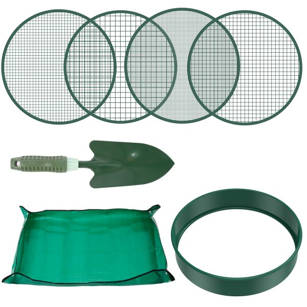 Soil Sieve Set, Rustproof Metal Garden Soil Sifter with 4 Interchangeable Sieves, Sizes 3/6/9/12mm, Efficient Soil Sifter Set, with Shovel and Soil Mat for Rocks Bonsai Compost