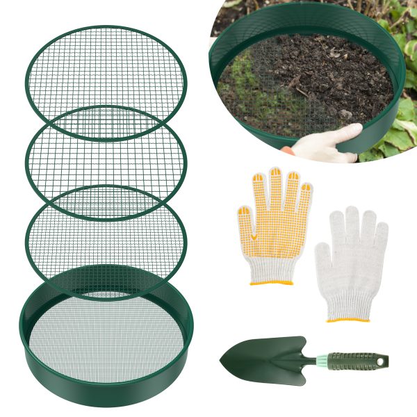 Soil Sifter with 4 Interchangeable Filter Mesh, Sizes 3/6/9/12mm and Shovel, Metal Garden Sieve Rustproof Soil Sieve Reliable Garden Soil Sifter, Portable Compost Sifter for Gardening
