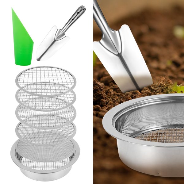 Dirt Sifter Set for Gardening Bonsai, Detachable Stainless Steel Soil Sieve Set with Shovel, Interchangeable Meshes Riddle Sieve Set for Soil Sorting